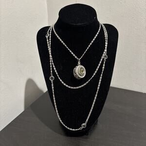 Vintage Goldette Multi Strand Layered Necklace Silver Tone Green Cabochon Signed